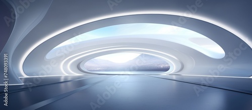 An abstract smooth white interior of a future tunnel with a vibrant light shining at the end, creating a striking visual effect.