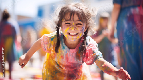 A happy child playing with paints and showing their creativity.