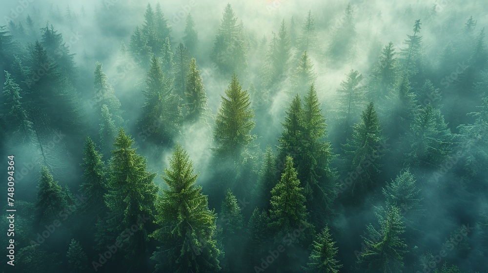 Forest in the fog, top view. Background. Created with Generative AI Forest in the fog, top view. Background. Created with Generative AI