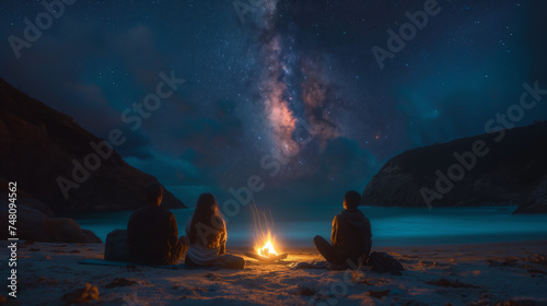 group of friends laughing and enjoying a beach bonfire under the stars