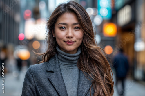 Portrait of a beautiful young Asian woman with long brown hair in the city