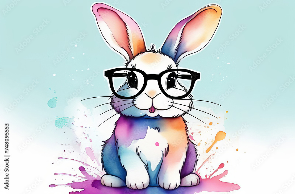Easter greeting card. Cute rabbit with watercolor splash on pastel blue soft background. Bunny wearing glasses. Watercolor hand drawn style