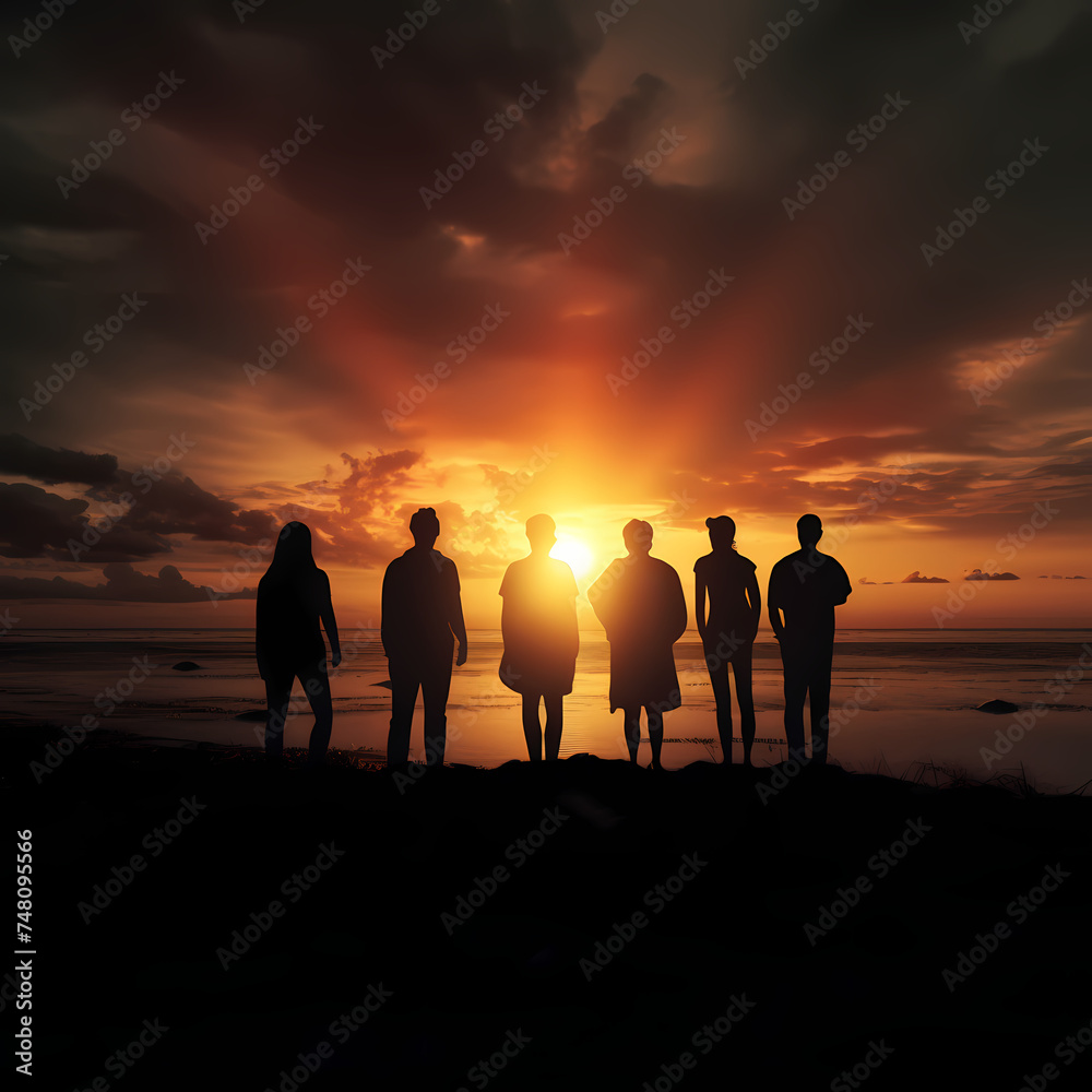 A group of people in silhouette watching a sunrise 