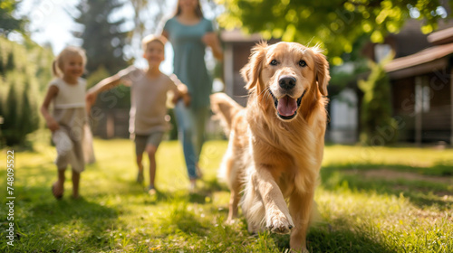 Smiling Beautiful Family of Four Play Fetch flying disc with Happy Golden Retriever Dog on the Backyard Lawn. Idyllic Family Has Fun with Loyal Pedigree Dog Outdoors in Summer House Backyard.