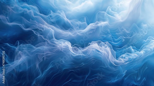 Digital illustration of soothing blue smoke waves creating a serene abstract background for peaceful design elements. © Praphan