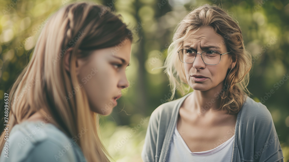  angry teen girl is speaking with her mom