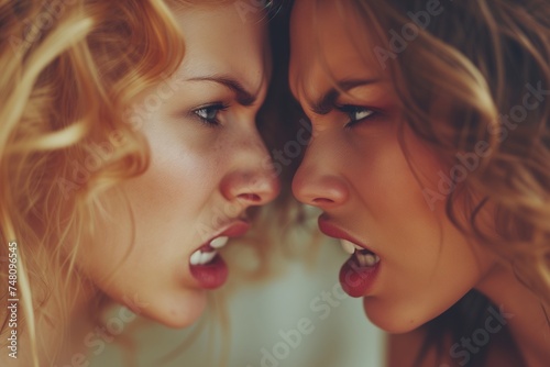 Confrontation between two women, conflict between people. Side view of two angry aggressive women against each other