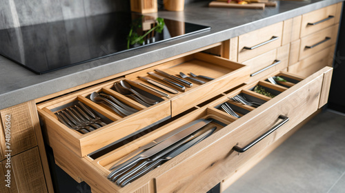 Modern kitchen: Open drawers, Set of cutlery