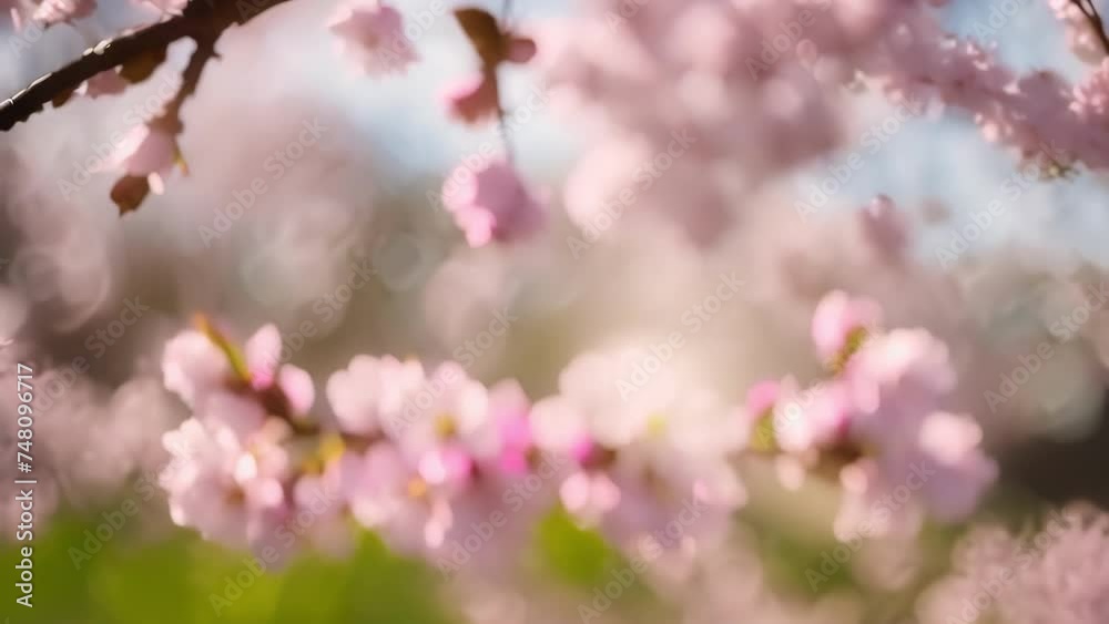 Pink cherry blossoms unfold their petals on the tree branch Pink cherry blossoms unfold their petals on the tree branch