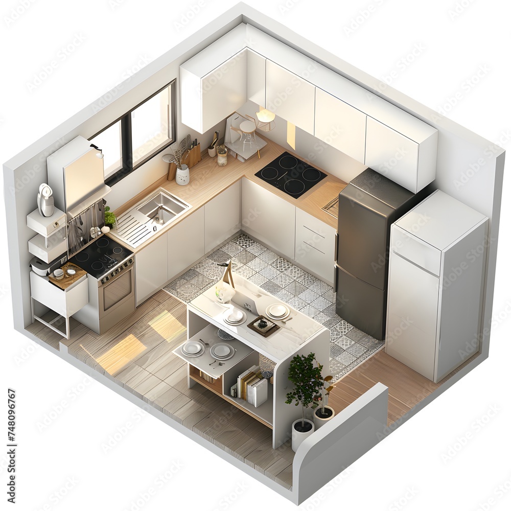 Kitchen room in 3d isometric design on white background. Small building architecture concept. Kitchen room in 3d isometric design on white background. Small building architecture concept.