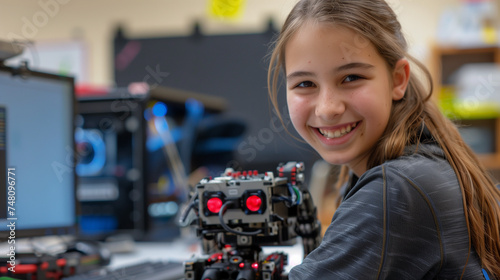 Young Girl Holding Robot Toy in Front of Computer