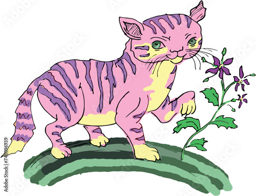 illustration of a cat and flower - based on medieval miniatures colored vector