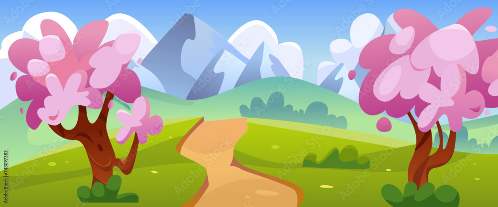 Spring Landscape with Pink Flowering Trees, Mountain Valley and Path. Vector Cartoon Illustration of Green Field with Rocky Cliffs, White Clouds in Sunny Blue Sky. Panoramic Beautiful Scenery. 