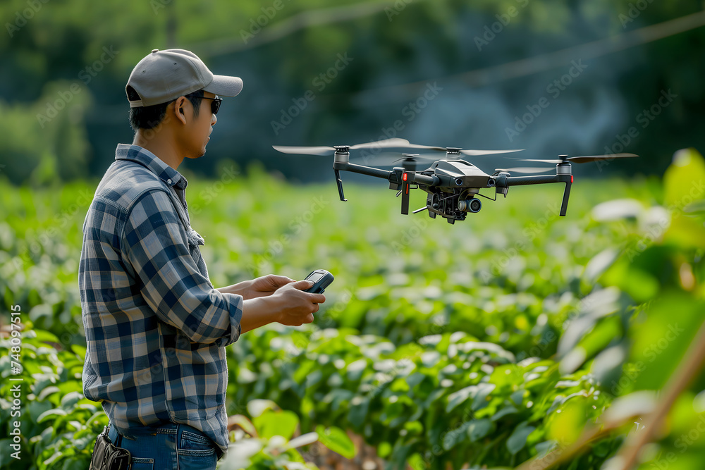 Fototapeta premium Farmer in the field using drone. Neural network generated in January 2024. Not based on any actual scene or pattern.