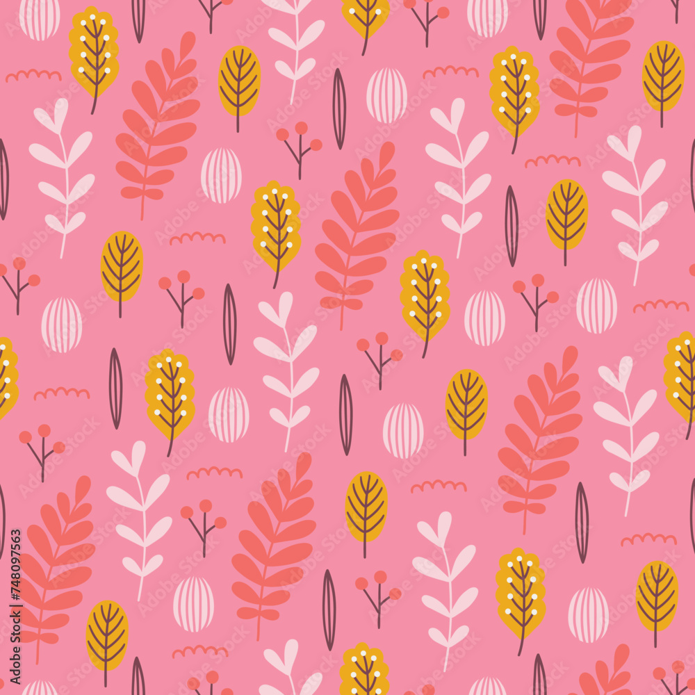 Easter seamless pattern with leaves, eggs, berries on pink background