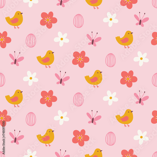Easter seamless pattern with chicken, flowers, eggs, butterflies. Vector illustration