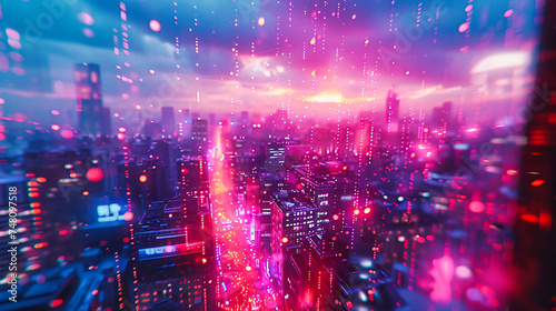 Futuristic Cityscape at Night, Glowing Skyscrapers with High-Tech Network Connections © NURA ALAM