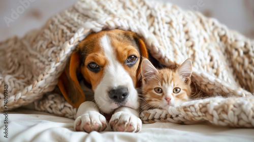 A heartfelt moment between a puppy and a kitten enveloped in a soft beige blanket.
