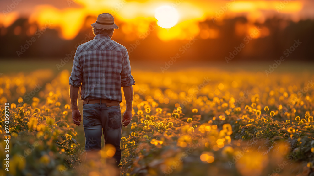 Farmer standing at the field at sunset or sunrise, rear view. Neural network generated in January 2024. Not based on any actual scene or pattern.