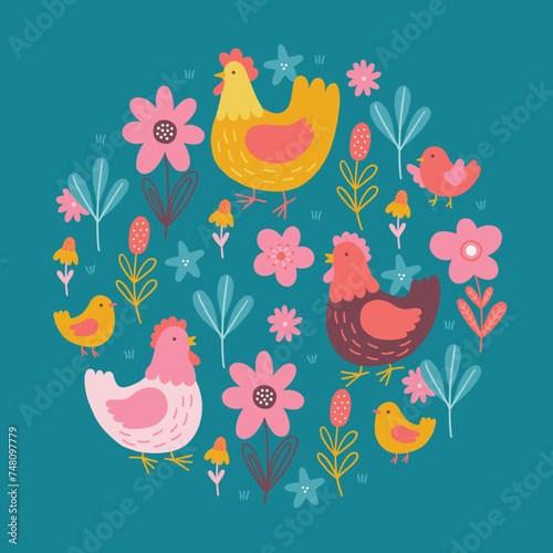 Easter greeting card with hens, chicken, flowers, leaves
