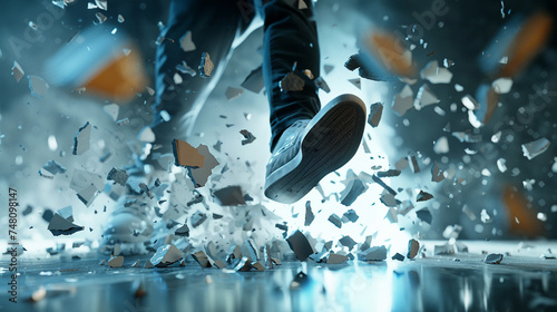 Artistic visualization of a kick breaking through barriers, using special effects to show shattered pieces floating in suspended animation photo