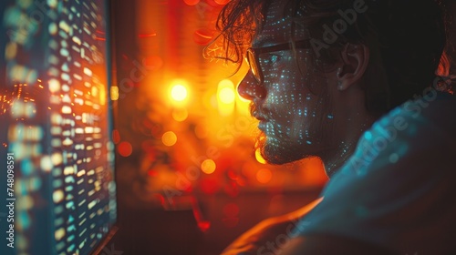 Focused male programmer working late with a digital code interface projected on his face, symbolizing intense software development.