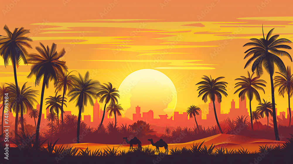 flat design illustration the desert at sunset with silhouette of palm trees and camels. ramadan kareem holiday celebration concept