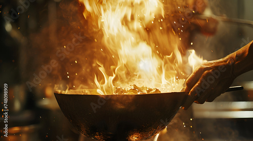 A chef's hands expertly maneuver a wok over a blazing fire, skillfully cooking food with precision and flair, creating a mesmerizing display of culinary expertise