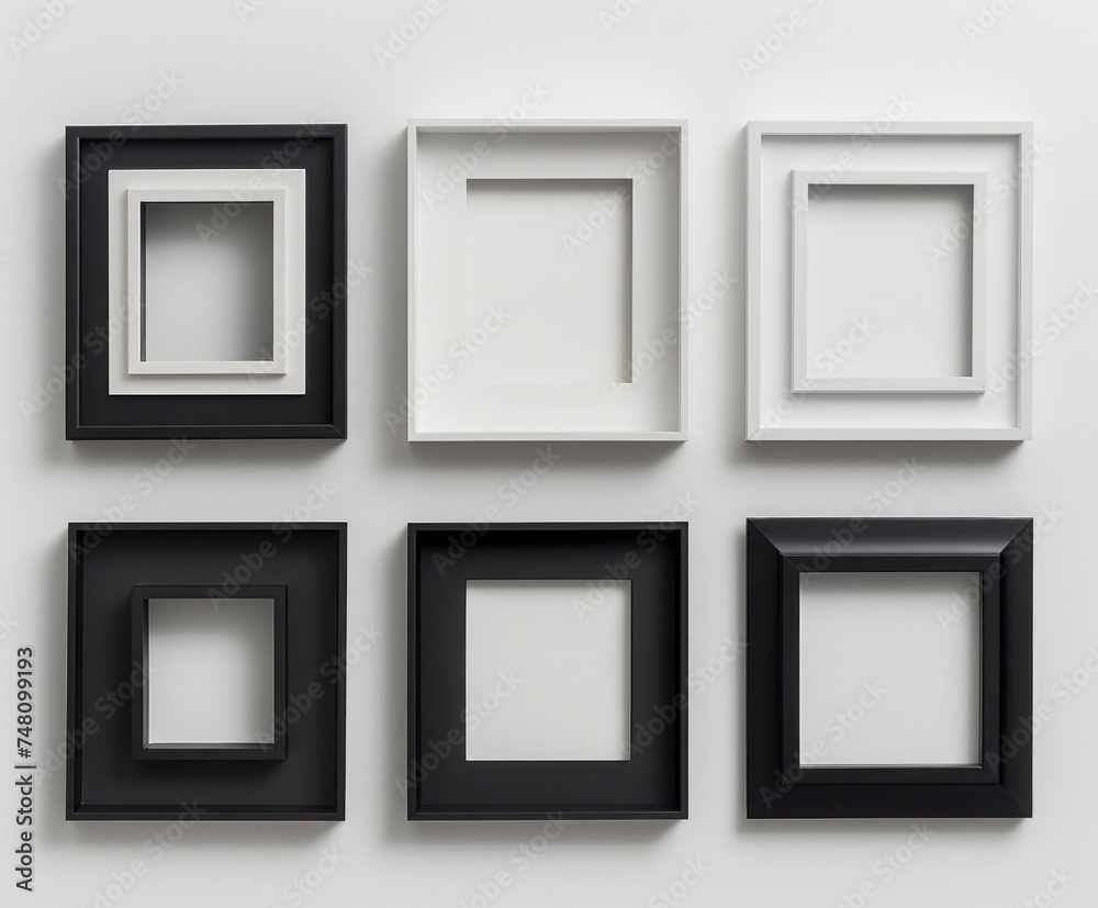A collection of black and white picture frames arranged neatly against a white backdrop, showcasing a variety of sizes and depths in a symmetric flat lay format. A collection of black and white picture frames arranged neatly against a white backdrop, showcasing a variety of sizes and depths in a symmetric flat lay format.