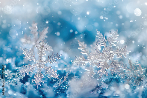 Winter snowflake on a soft blue background with bokeh effect