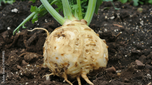 The earthy aroma of a freshly unearthed celeriac bulb its rough by surface covered in patches of brown soil. photo