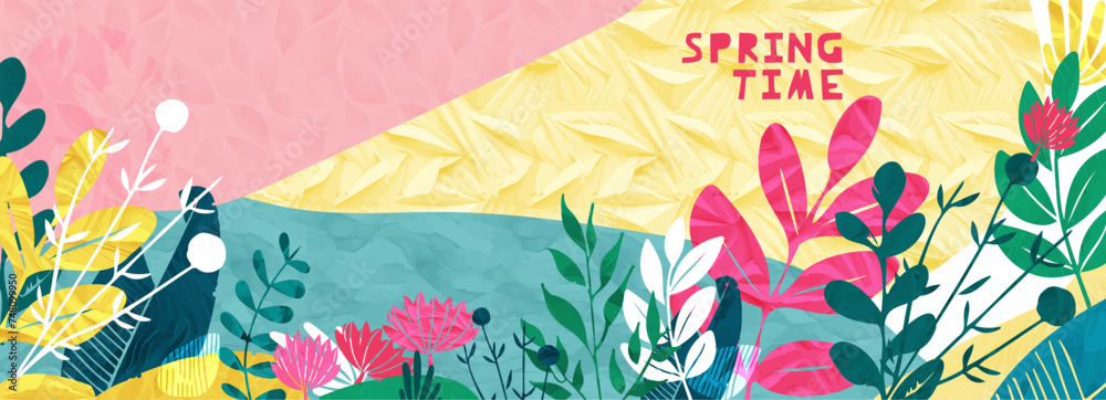 Spring flower paper torn collage vector background. Summer floral design. Garden illustration, craft banner, papercut nature pattern. Watercolor bloom template. Trendy texture wildflowers, header - obrazy, fototapety, plakaty 