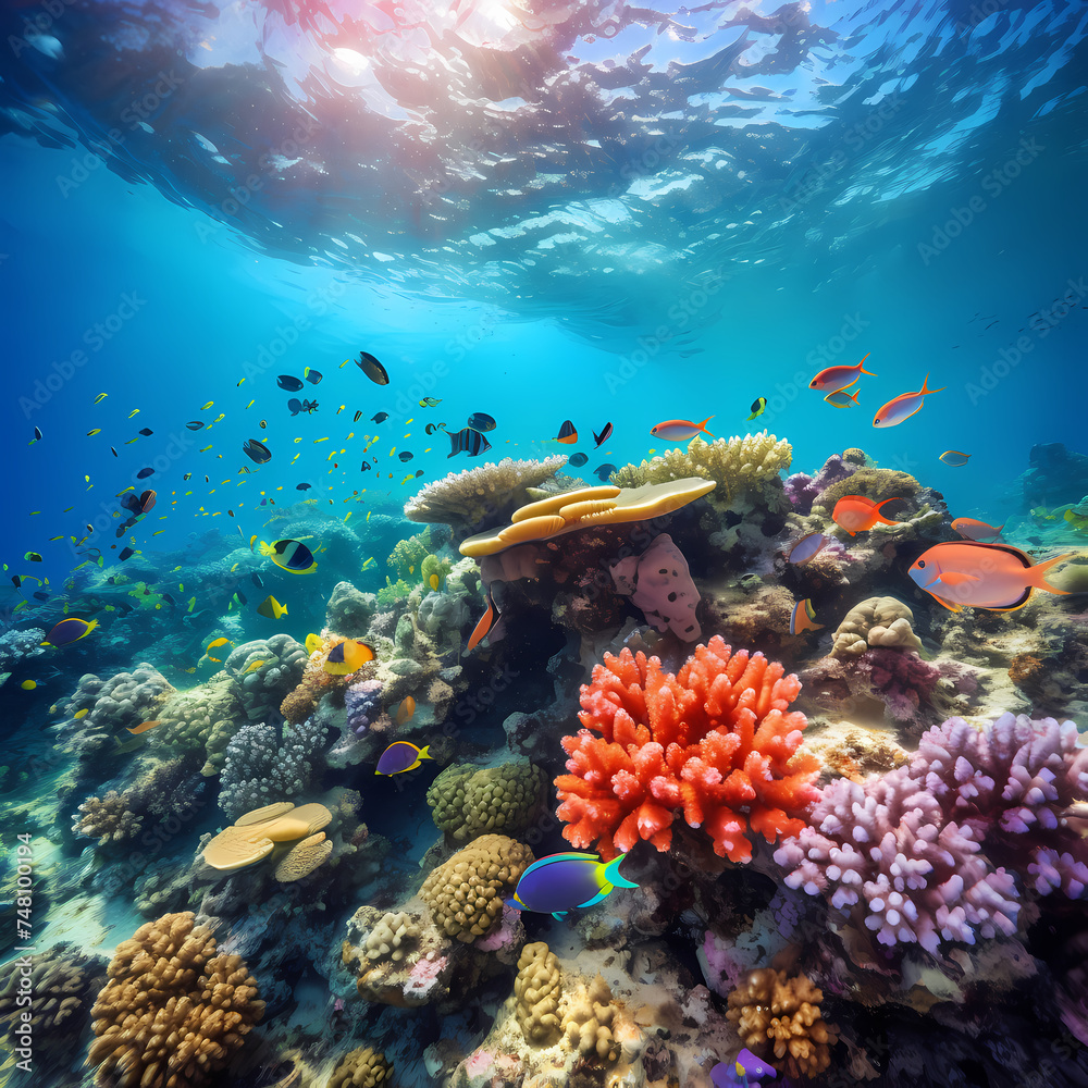 A vibrant coral reef with diverse marine life.