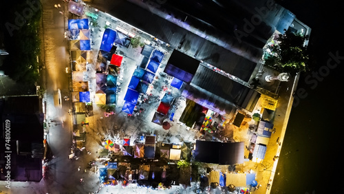 night market aerial view, colorful tents with products and food