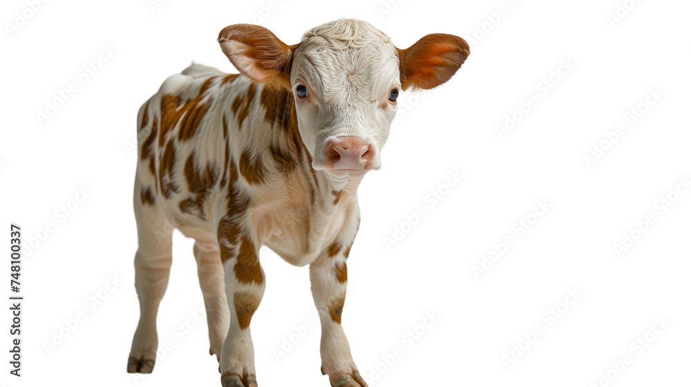 A young and gentle-looking calf with brown and white patches stares softly at the viewer, displaying its innocence and charm against a white background