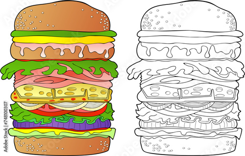 Burger with everything on it, and bonus black outline version