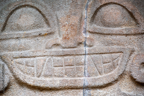 Closeup view of an ancient statue in San Agustin, Colombia photo