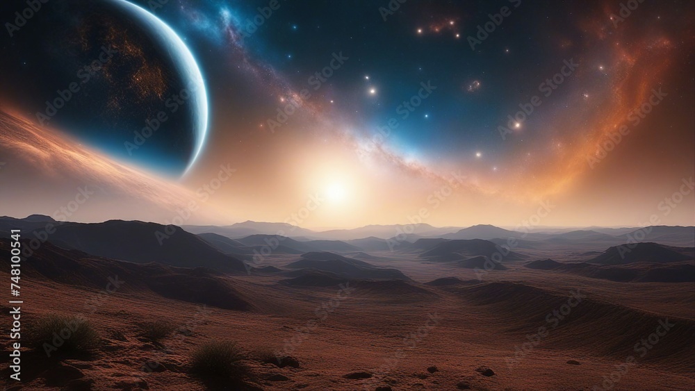 sunrise in space _An outer space view of an alien planet and a blue nebula. sunrise in space _An outer space view of an alien planet and a blue nebula.