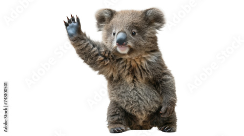 A cute koala bear stands on two legs and waves with a friendly gesture against a clear backdrop, showcasing its fluffy fur and charming expression