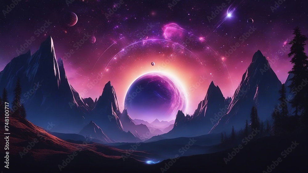 sunrise in the mountains exploding star near black hole, Cartoon alien fantastic landscape with moons and planets on starry sky 