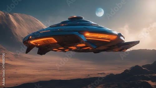 spaceship flying above the earth _A sleek and futuristic spaceship with a metallic blue hull and glowing orange engines.  
