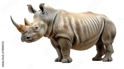 An impressive full-body shot of a single rhinoceros showcased with immense detail and realism, isolated on a white backdrop