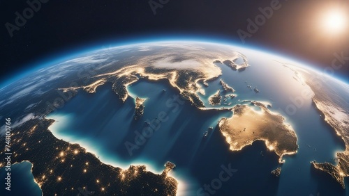 earth in space _A stunning view of the Earth from space, with a blue sunrise illuminating the planet.  