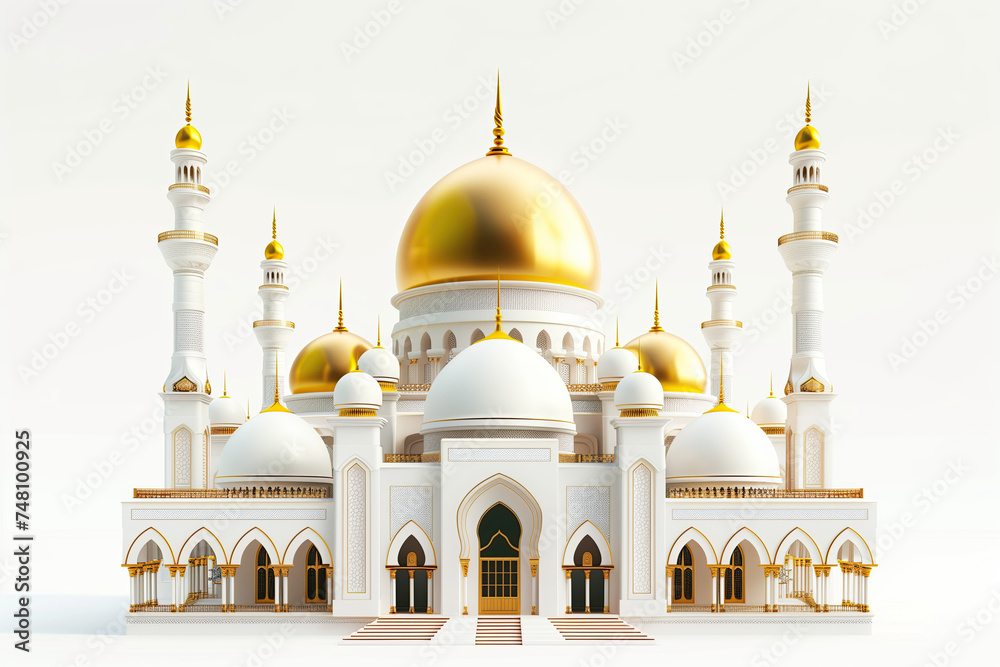 Obraz premium 3d mosque with golden dome isolated on white background. ramadan kareem holiday celebration concept