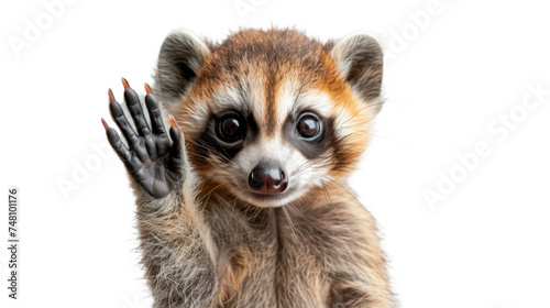 A raccoon's paw raised against a soft, blurry background, ideal for conceptual and artistic use