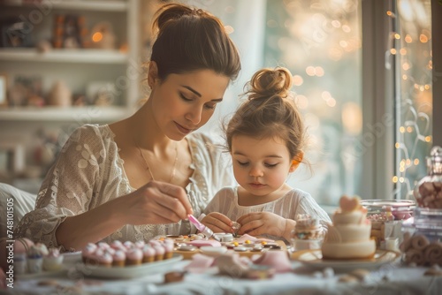 Young Mother and Child Enjoying a Sweet Cookie Decorating Session in a Warm Cozy Kitchen with Fairy Lights