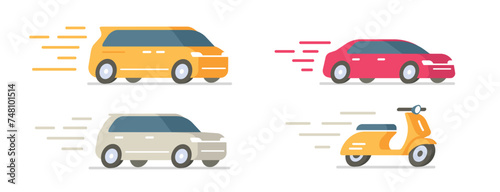 Car moving fast speed icon vector graphic set, auto vehicle drive quick flat cartoon red yellow white isolated image clipart, motor scooter bike motion trail, van minivan automobile rapid hurry design