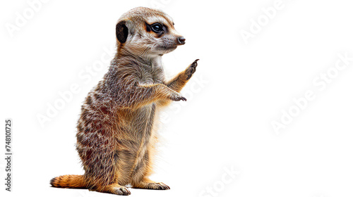 A curious meerkat stands on two legs, attentively looking to the side on a clean, isolated white background