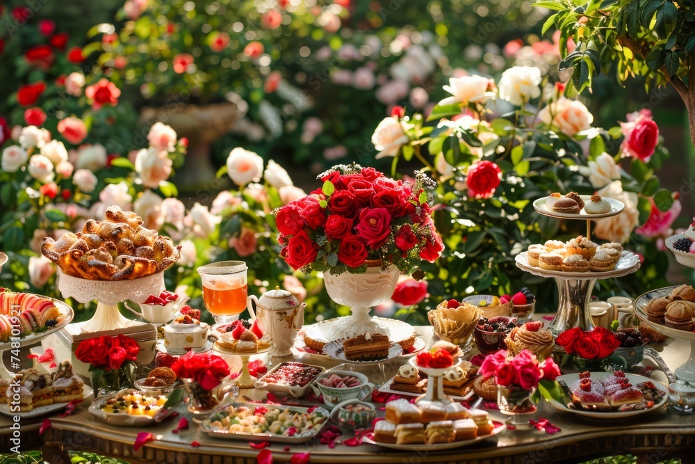 Elegant Outdoor Garden Party Setup with Floral Arrangements and Assorted Pastries on a Sunny Day Elegant Outdoor Garden Party Setup with Floral Arrangements and Assorted Pastries on a Sunny Day