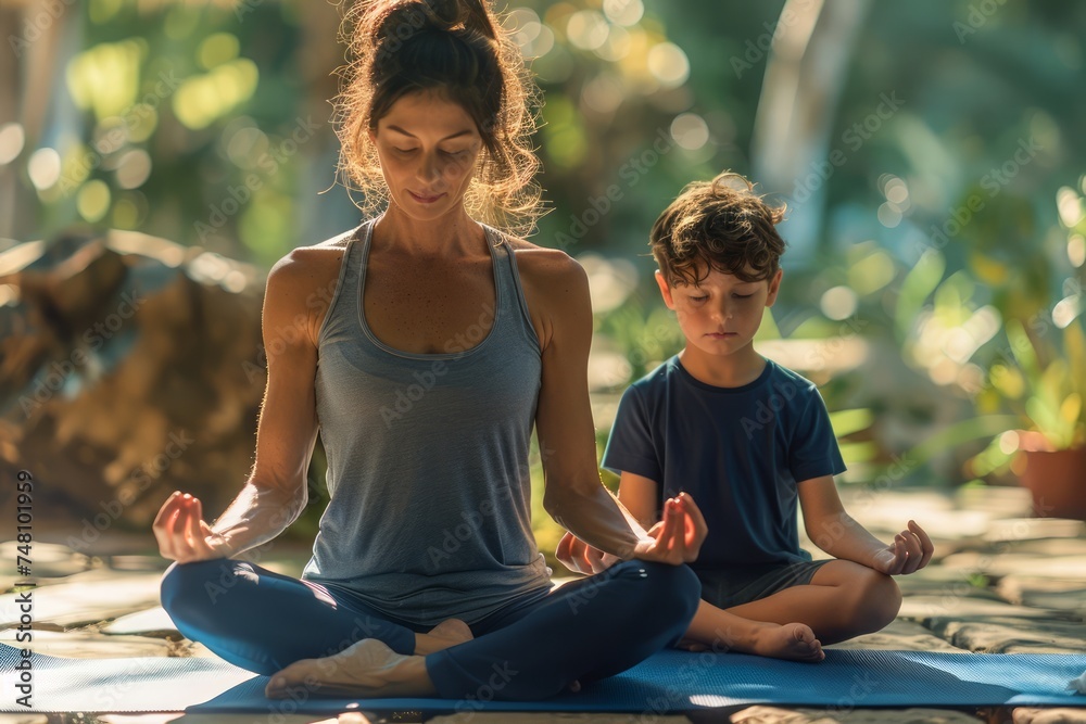 Peaceful Yoga Session with Mother and Child Practicing Meditation Together in Serene Garden Environment
